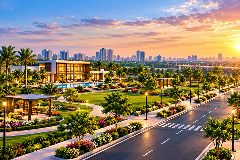 Aerial sunset view of a landscaped Urban Crown community, with the film caption Our Vision
