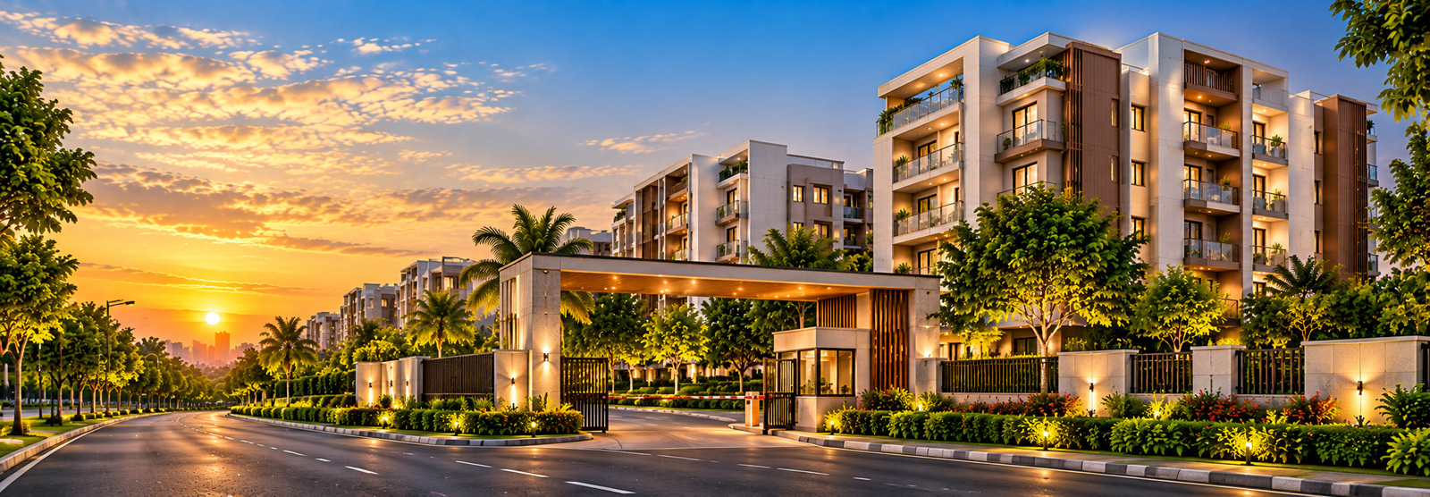 A finished apartment community with a landscaped entrance