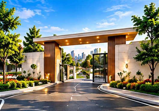 Community entrance gateway with timber fins and landscape lighting