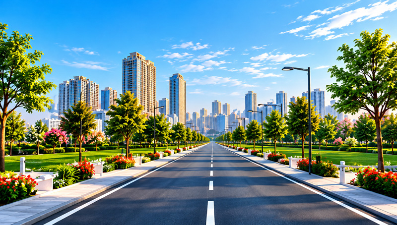 A wide green avenue leading toward the city skyline
